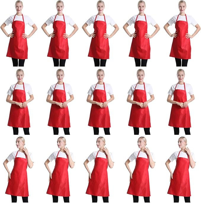 Red Plain Bib Aprons Bulk for Women Men Adult with 2 Front Pockets(Red,15 PCS)