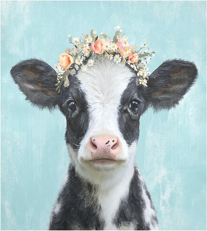Flowers Cow Teal Dishwasher Magnet Cover for Front Panel Magnetic Dishwasher Cover Decorative Refrigerator Magnet Covers Dishwashers Magnetic Sticker for Kitchen Home, 23" x 26"
