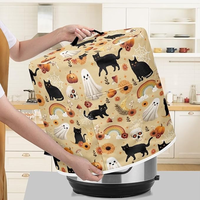 Halloween Theme Kitchen Appliance Protector Cover Bag 6 Quart Pressure Cooker/Air Fryer/Rice Cooker Dust Cover with Top Handle and Storage Pocket Black Cat Ghost Print