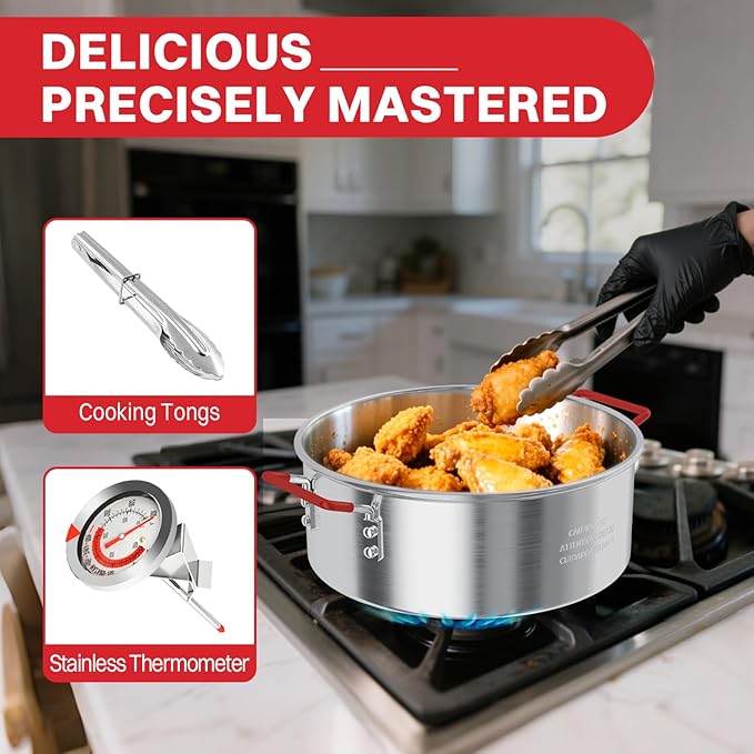 10QT Fish Fryer Pot with Lid | 9inch Fryer Tong | 8QT Basket | 6inch Thermometer | 50,000 BTU Propane Burner | Outdoor Deep Fryer | Ideal for Frying Fish | French Fries | Chicken Wings