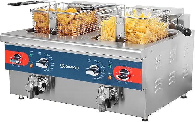 JOHAKYU Commercial Deep Fryer | Timer-Equipped Electric Fryer with Drain Valve & Swing-Up Head | 120V 3600W Stainless Steel Countertop Fryer for Home & Restaurant Use (25.4QT)