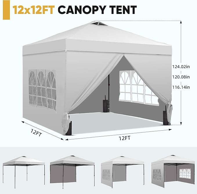 Saemoza 12x12 Pop Up Canopy Tent with One Push Setup, Portable Sun Shade Tent, Instant Easy Up Canopy with 4-Sidewalls & Wheeled Bag, Outdoor Fldable Gazebo with Vent Top, White.
