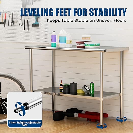 Stainless Steel Table 24 x 60 Inches Metal Food Prep Worktable with Adjustable Undershelf for Kitchen, Outdoor, Restaurant, Bar & Garage