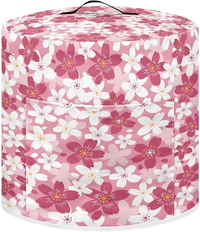 TODIYADDU Pink Cherry Blossoms Pressure Cooker Cover with Handle and Storage Pocket for Extra Accessories Portable Kitchen Small Appliance Dust Cover Protective Case