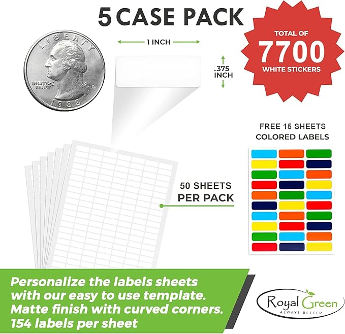White Rectangular Labels + Bonus Color Stickers - White Color-Coding Labels with Laser Printer Template Included 1630 Pack - 5 Cases
