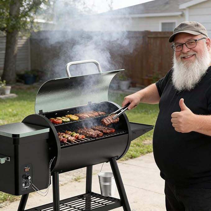 Electric Pellet Smoker Grill Combo 8 In 1 Wood Grill Smoker 565 Sq.In Cooking Area with Meat Probe & Side Table with Hooks PID Controller, Auto Temperature Control 500°F Max