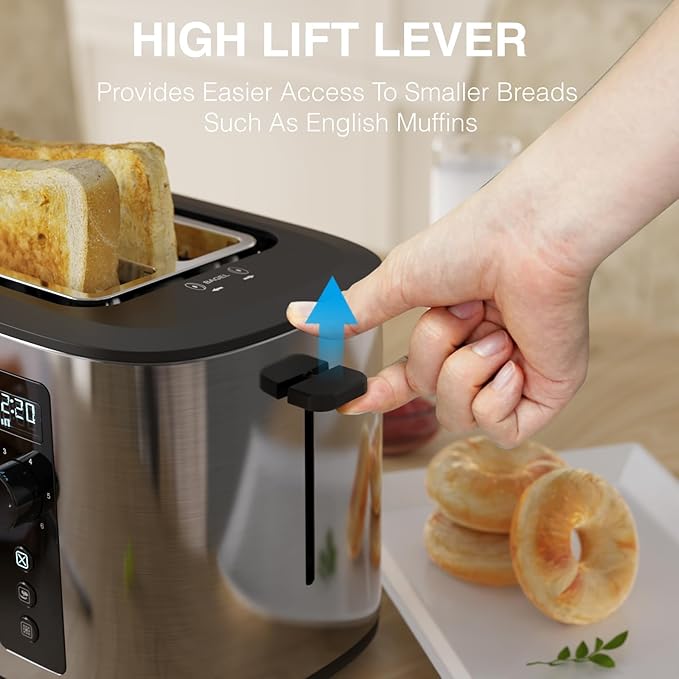 Toaster 4 Slice with Countdown Timer, Extra Wide Slots for Bagels and Waffles, 6 Browning Settings, Removable Crumb Tray, Stainless Steel