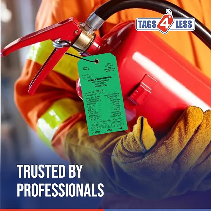 Tags 4 Less Custom Fire Extinguisher Tags – Preventative Maintenance Labels for Monthly Inspections, Alternative to Safety Sticker for Easy Record-Keeping – Pack of 100 (Dark Green, Vinyl Plastic)