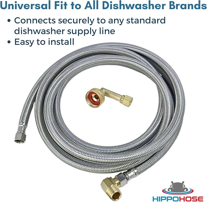 Hippohose 20 FT Stainless Steel Dishwasher Water Hose Kit - Universal Fit, Braided SS, 3/8'' Connections, 5-Year Warranty