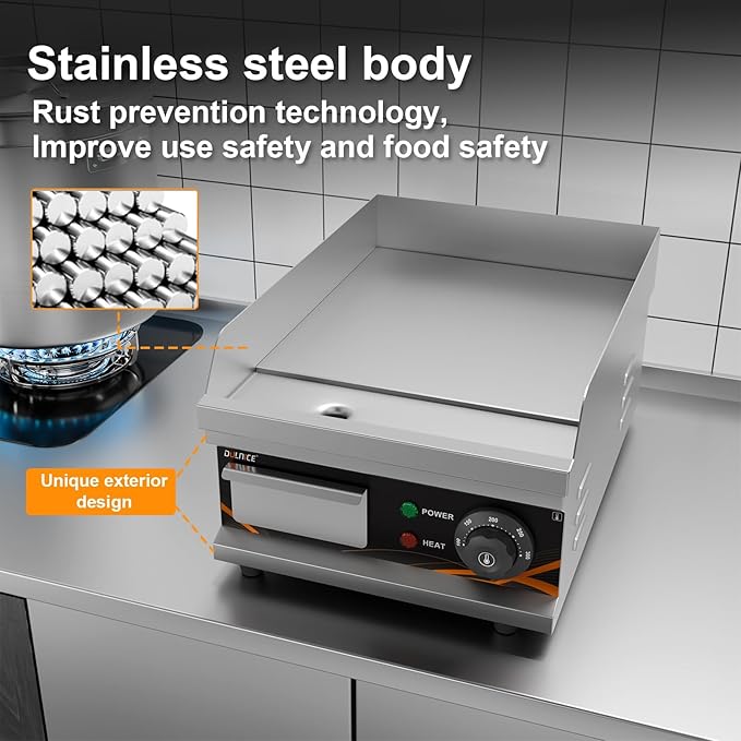 Commercial Electric Griddle, 1500W Electric Countertop Flat Top Griddle with Thermostat, 12" Stainless Steel Flat Top Grill, Non-Stick Teppanyaki Grill for Home & Restaurants