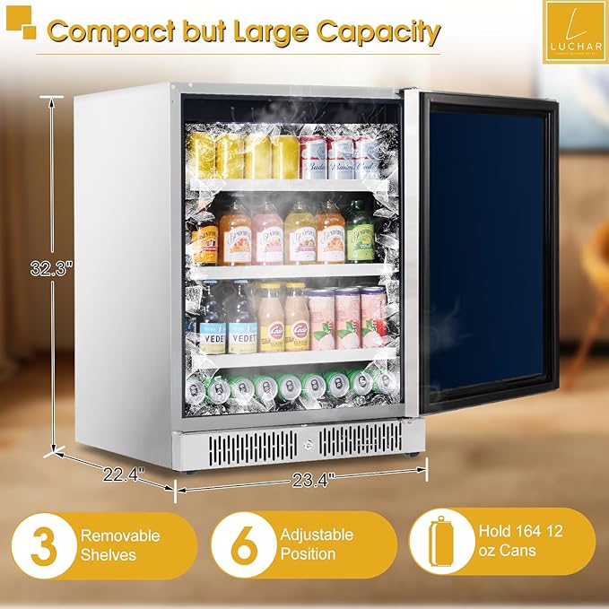 24 Inch Outdoor Beverage Refrigerator Cooler, Stainless Steel Beverage Fridge for 164 Cans, Built-in Counter or Freestanding 3-Color LED Light Beer and Drink Fridge for Bar Home Office