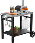 Double-Shelves Stainless Steel Flattop Grill Cart, Movable Kitchen Indoor & Outdoor Cooking Station, Fits Ninja/Ooni/Blackstone/Weber Q, Pizza Oven Food Prep Table for Party, 33.5"×21"