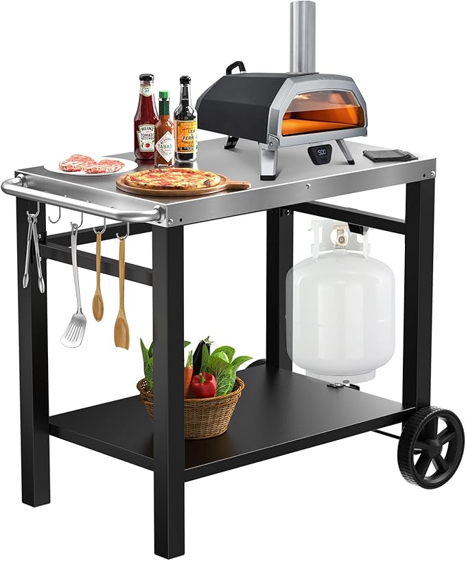 Double-Shelves Stainless Steel Flattop Grill Cart, Movable Kitchen Indoor & Outdoor Cooking Station, Fits Ninja/Ooni/Blackstone/Weber Q, Pizza Oven Food Prep Table for Party, 33.5"×21"