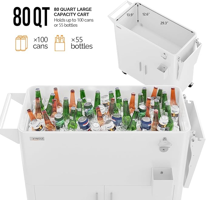 VINGLI Patio Cooler, Ice Chest with Storage Cabinet, Bottle Opener Drainage, Outdoor Cooler for Party, Deck, Pool