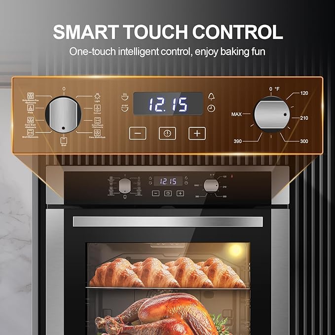 Wall Ovens 24 Inch Electric 3220W,2.8 Cu.Ft Single Wall Oven with 3-Key Digital Control,for Precise Baking,360° Rotisserie, 9 Functions & Easy-Clean Enamel Cavity for restaurant, and home