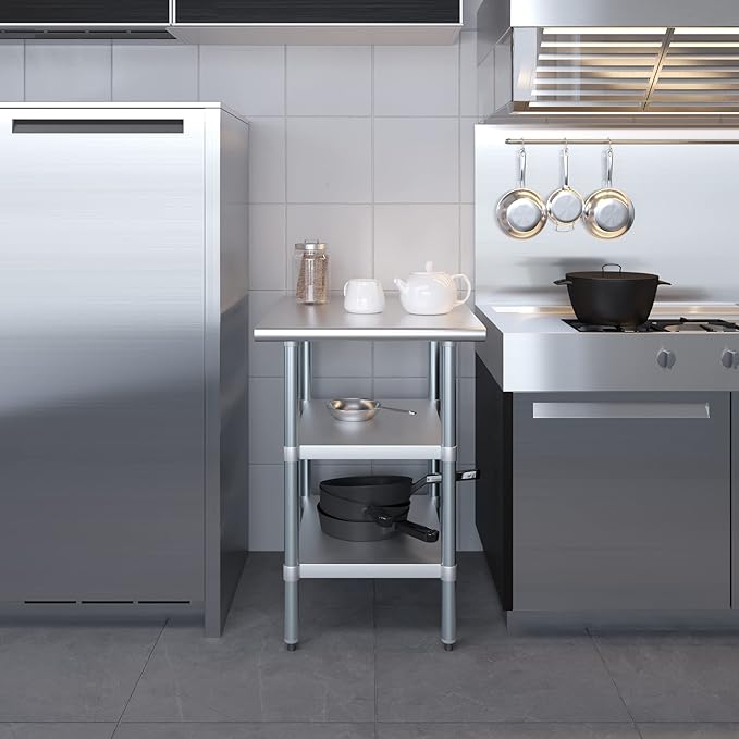 AmGood Stainless Steel Work Table with 2 Shelves | NSF | Metal Utility Table (24" Long x 30" Deep)