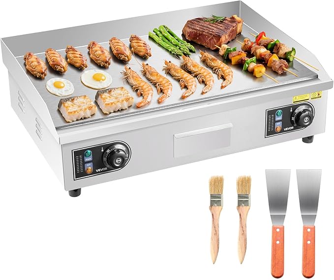 VEVOR Commercial Electric Griddle, 25.79 x 15.75 inch, 2800W, 122-570°F Adjustable Temp Control, Stainless Steel Body, Full Flat, with 2 Spatulas, 2 Brushes, and 4 Foot Pads, for Steak, Pancake