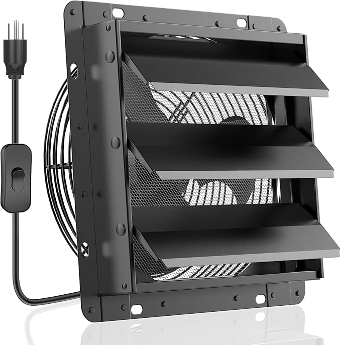 HG Power 10 Inch Shutter Exhaust Fan, 647CFM Quiet Garage Exhaust Fan with 8 Foot Long ON/OFF Switch Cable for Chicken Coop, Shed, Basement, Gable, Kitchen, Attic Ventilation Use, Black