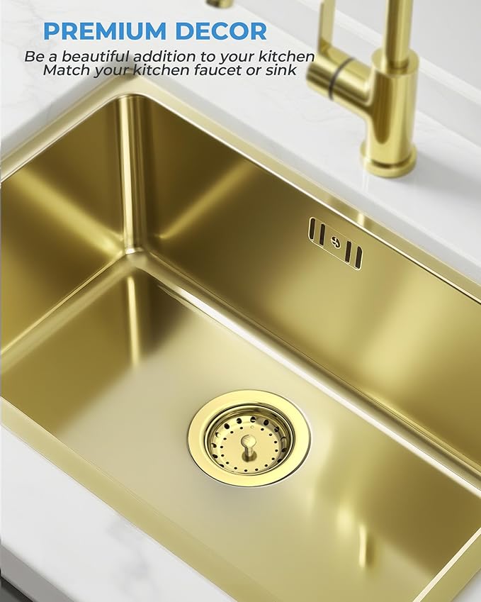 3-1/2 Inch Gold Kitchen Sink Drain Assembly Sink Drain Strainer with Stainless Steel Strainer Basket and Drain Stopper Replacement for Standard Kitchen Sink Drain, Stainless