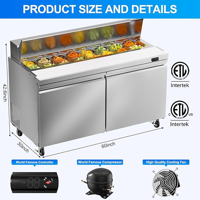 60" W Commercial Refrigerator Sandwich Salad Prep Table, 17.8 Cu.ft 2 Door Commercial Stainless Steel Food Prep Fridge with 16 Pans, Salad Prep Station for Restaurant, Bar, Shop, etc.