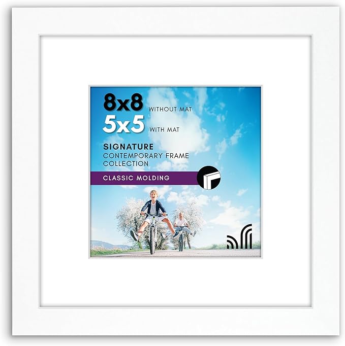Americanflat 8x8 Picture Frame with Shatter-Resistant Glass - Use as 5x5 Frame with Mat or Display 8x8 Photo Without Mat - Signature Collection - Square Frames for Tabletop and Wall Display - White