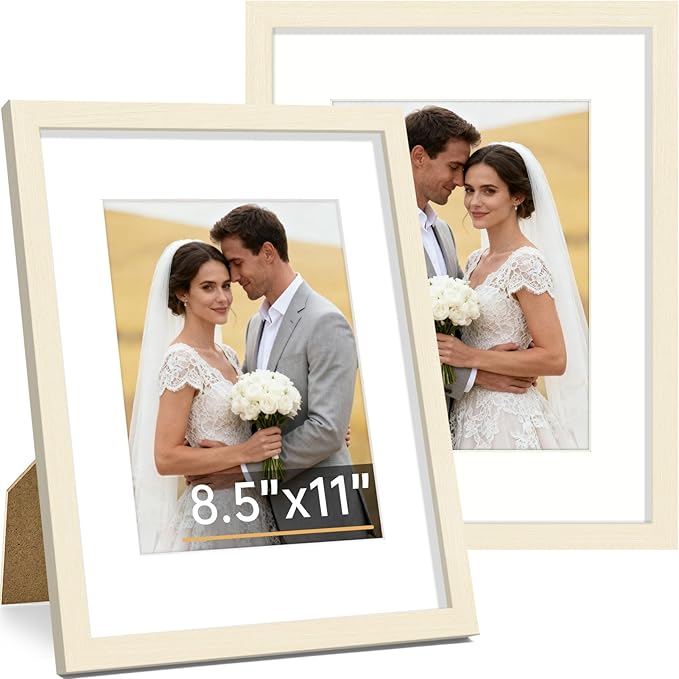 Vittanly 8.5x11 Picture Frame Set of 2, Solid Wood Frame for Wall or Tabletop, Display Photo 6x8 with Mat or 8.5x11 without Mat, White