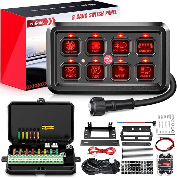 Nilight 8 Gang Switch Panel System Circuit Control Relay Fuse Wiring Harness Automatic Dimmable ON Off LED Pod for 12V Cars Trucks Campers SUV