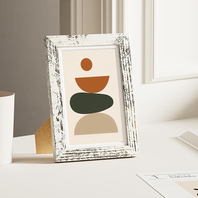 Vittanly 4x6 Picture Frame, Solid Wood Frame with Plexiglass, Includes 3.5x5 Mat, Wall Hanging or Tabletop for Home Decor, Distressed White, 1 Pack