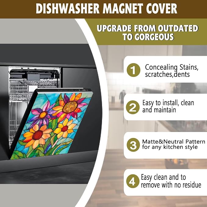 Farmhouse Stained Glass Sunflower Dishwasher Magnet Cover,Pastoral Flowers Magnetic Dishwasher Cover Vinyl Sticker,Fridge Door Cover Magnets Art Skin Panel Decal,Home Decor Decal,23"X26"