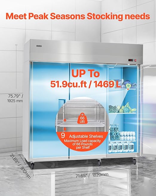 VEVOR Commercial Reach-In Refrigerator 72" W, 52 Cu.Ft Stainless Steel Upright Refrigerator with Three Doors, Auto-Defrost, 9 Adjustable Shelves, 32 to 50℉ Temp Control, UL Certified