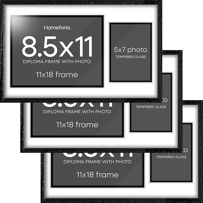 Homeforia 11x18 Black Diploma Frame with Photo, High End Oak 11 x 18 Certificate Wood Frame with Mat 8.5x11 Diploma and 5x7 Picture, 11 by 18 Wooden Document Frames, Tempered Glass, Wall Kit, Set of 3