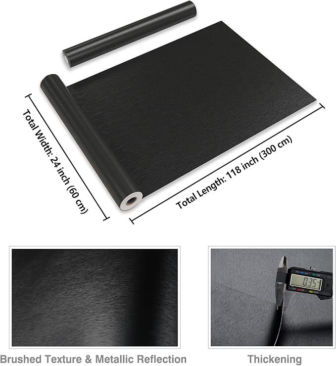 CRE8TIVE Brushed Black Stainless Steel Contact Paper for Appliances 24"x118" Black Peel and Stick Wallpaper Metallic Heat Resistant Waterproof Self Adhesive Vinyl for Kitchen Dishwasher Fridge Cabinet