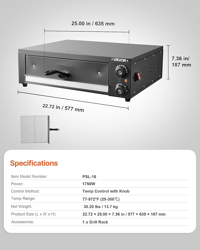 VEVOR Electric Pizza Oven, 16 in Countertop Pizza Oven, 77 to 572°F Temp Range, 1750W Indoor Pizzas Maker w/Timing & Temp Control, Pizzas Cooker w/Dual Heat Tube, Grill Rack, for Kitchen & Commercial