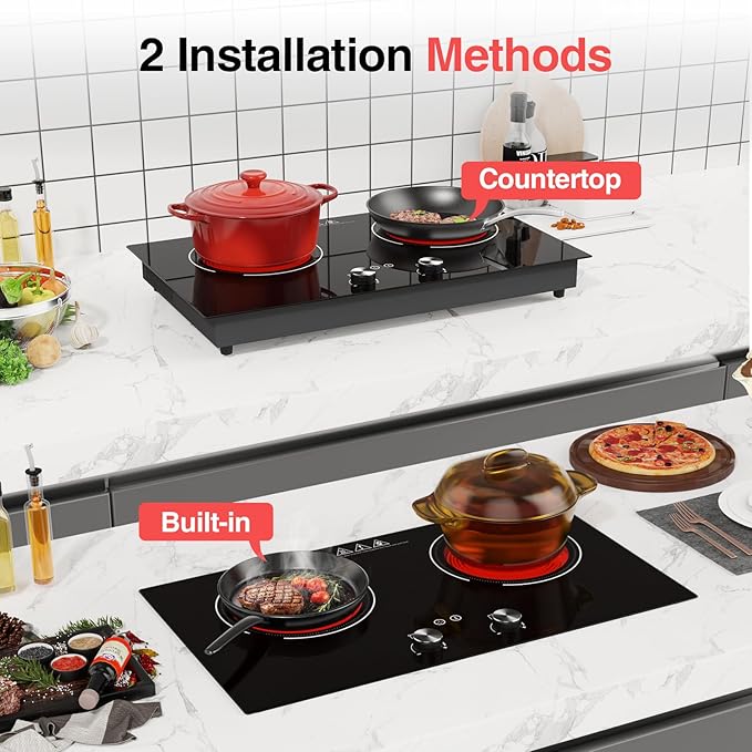 2400W Electric Cooktop: 24" Electric Stove 2 Burner Hot Plate Double Burner Cooktop, GTKZW Knob Control Countertop & Built-in, 9 Power Levels, Child Lock, Timer, Suitable for all Pans