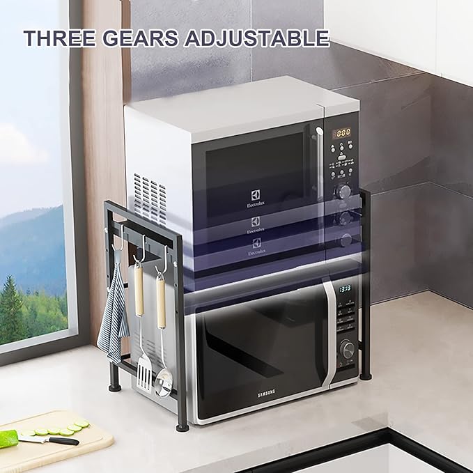 Microwave Storage Rack Microwave Oven Rack Kitchen Microwave Oven Rack Toaster Stand Kitchen Counter Shelf Expandable and Height Adjustable Steel Countertop Storage Shelf - Black/75Cm, 49.5Cm