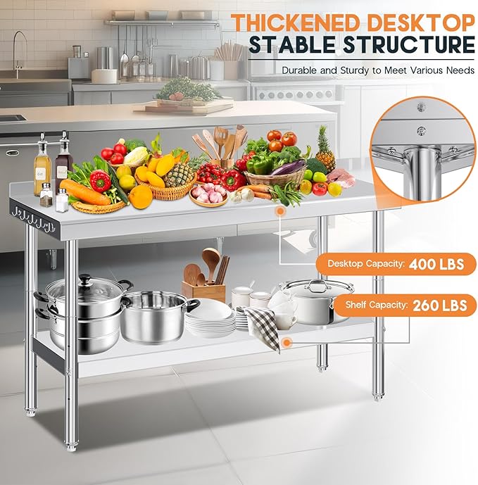 Jocisland 24" x 60" Stainless Steel Table for Prep & Work with Backsplash, Adjustable Under Shelf & Safe Design for Restaurant, Home and Outdoor