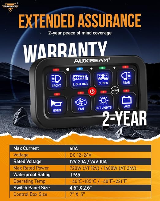 Auxbeam 8 Gang Switch Panel RA80 Auto-Dimmable RGB Switch Panel w/Momentary Toggle Pulsed, 12V-24V Automotive Aluminum Switch Panel for Truck Offroad Car Boat Waterproof, 2 Years Warranty
