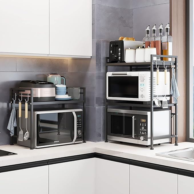 Microwave Storage Rack Microwave Oven Rack Kitchen Microwave Oven Rack Toaster Stand Kitchen Counter Shelf Expandable and Height Adjustable Steel Countertop Storage Shelf - Black/75Cm