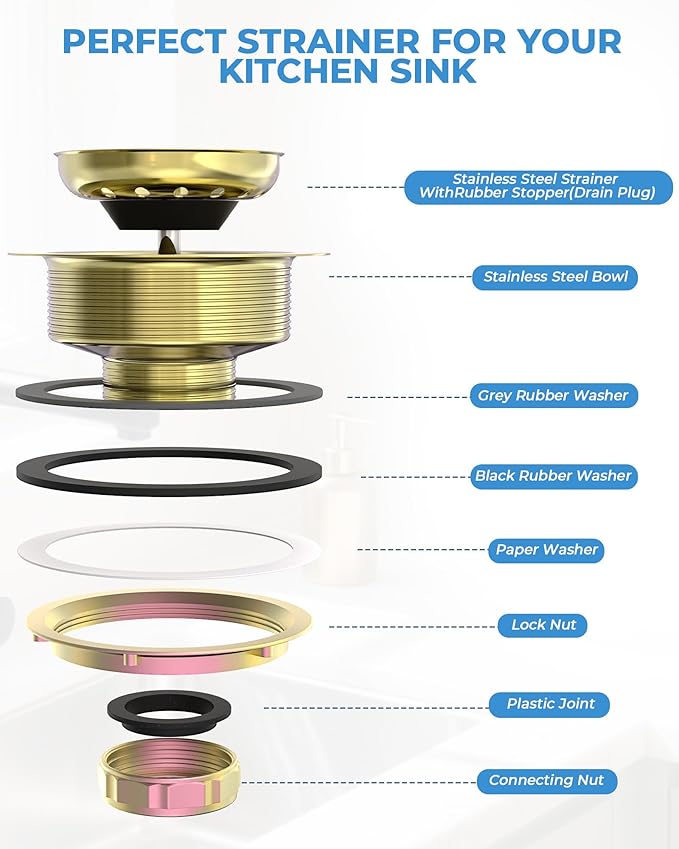3-1/2 Inch Gold Kitchen Sink Drain Assembly Sink Drain Strainer with Stainless Steel Strainer Basket and Drain Stopper Replacement for Standard Kitchen Sink Drain, Stainless