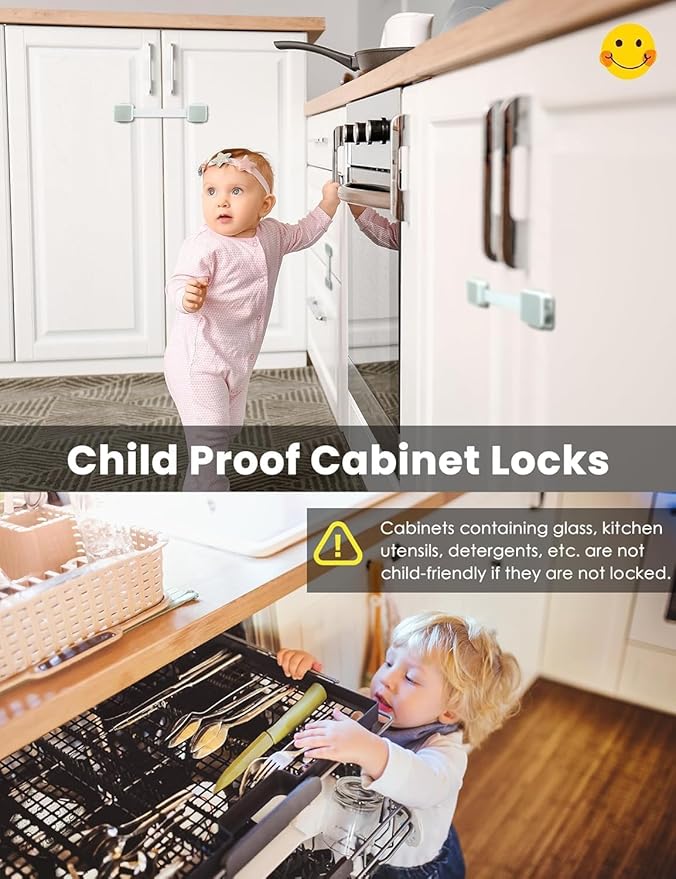 6 Pack Baby Proofing Safety Locks Child Safe for Cabinet Drawer Fridge Oven Dishwasher Doors, Toilet Seat & Lid, Adjustable Furniture Latches and Straps, 3M Adhesive No Drilling Button,Unlock Design