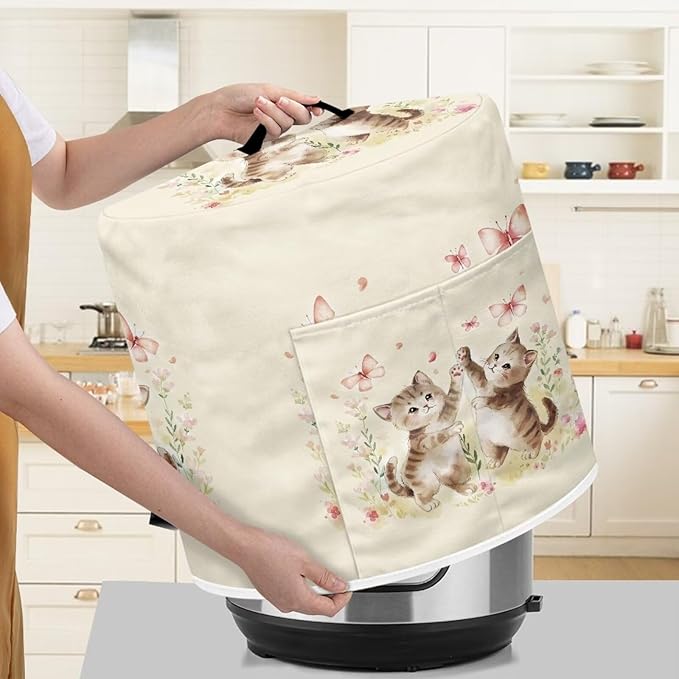 Xoenoiee Cute Cat Butterfly Floral Print Pressure Cooker Cover Kitchen Appliance Dust Cover with Pockets for Rice Cooker Air Fryer Slow Cooker, for 6 Qt Pot
