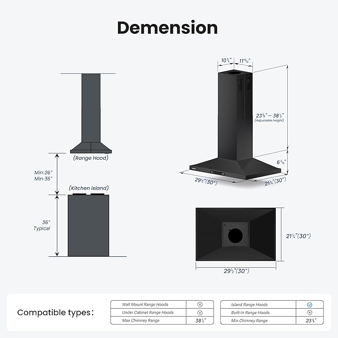 Island Range Hood 30 Inch, 390 CFM kitchen Hood with Dual-Sided Touch/Gesture Control, Ceiling Mount Kitchen Vent Hood, Convertible Ducted/Ductless, 3-Speed Fan&4 LED Lights, 2 Baffle Filters, Black