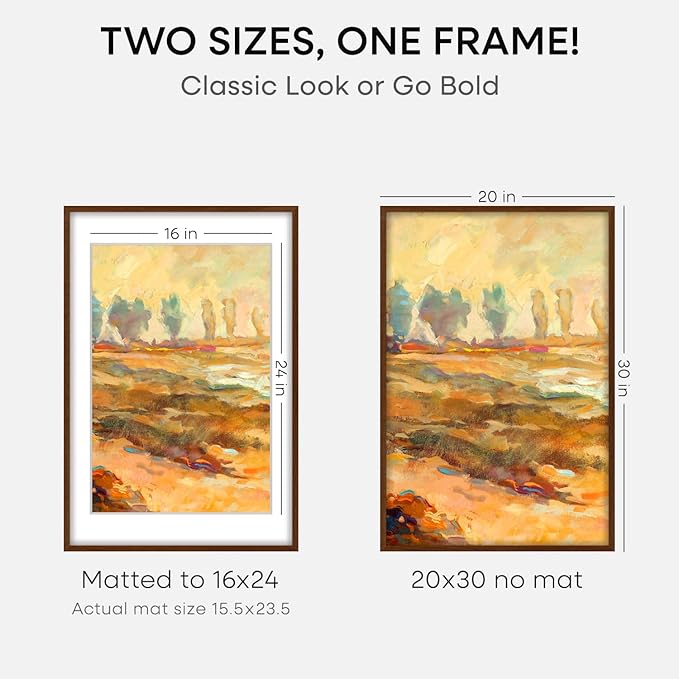 Homeforia 20 x 30 Walnut Frame, High End Dark Oak 20x30 Wooden Poster Frames with Mat 16x24, 20 x 30 Brown Wood Picture Frame Matted to 16 x 24, 30x20 Hanging Frame, Tempered Glass, Wall Kit, Set of 2