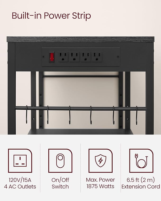 VASAGLE Baker's Rack, Coffee Bar Stand with Charging Station, 35.6 Inches Tall, Storage Shelves, Pull-Out Wire Basket, Table for Microwave, Kitchen, Charcoal Gray and Ink Black UKKS036B22