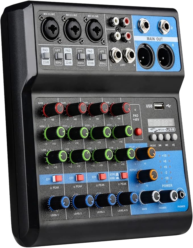 Dj Mixers 5 Channel Audio Mixer Sound Board with Bluetooth, Usb Audio Interface with 48V Phantom Power Sounds Mixer Board with FX Reverb Delay Effect for Streaming