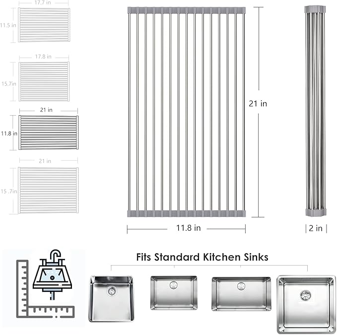 Tomorotec Roll Up Dish Drying Rack Over The Sink Grey Large Dish Drying Rack Rolling Foldable Collapsible SUS304 Stainless Steel Multipurpose Dish Drainer for Kitchen Counter (21”x11.8”)