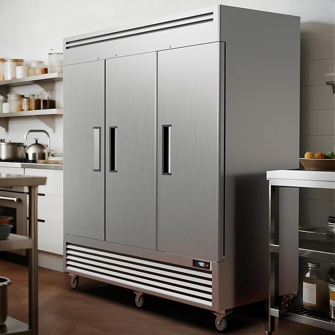 Coolake 82" Width Commercial Freezer 3 Solid Doors, 72 Cu.ft Stainless Steel Reach-in Upright Freezer with LED Lighting, Fan Cooling Freezer for Restaurant Bar Shop Hotel Kitchen Prep Area