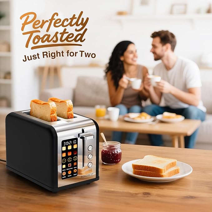 2 Slice Easy Touch Screen Toaster, Stainless Steel Toaster with Wide Slots, Even Toasting for Bagels & Bread, Reheat & Defrost, Removable Crumb Tray, Matt Black