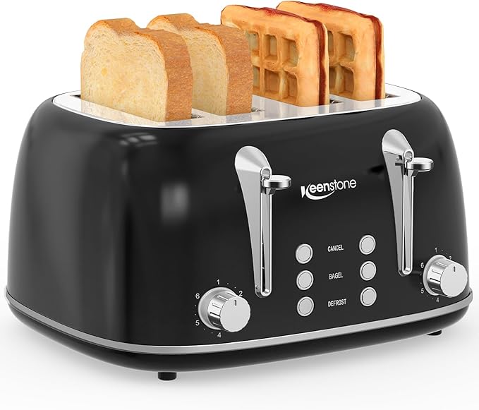 Keenstone Toaster 4 Slice, Retro Stainless Steel Wide Slot Toaster with Dual Independent Controls, 6 Browning Levels, Bagel, Defrost, Reheat & Cancel, Removable Crumb Tray, Black