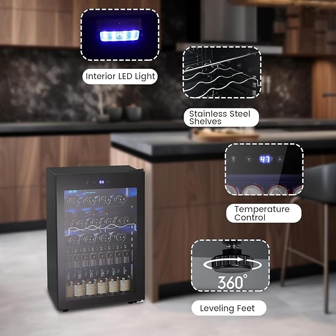 145 Can Beverage Cooler Refrigerator, Wine Cooler 37 Bottle Freestanding Drink Fridge Reversible Glass Door, Quiet Compressor for Home Kitchen Bar, 4.4 Cu.ft Black